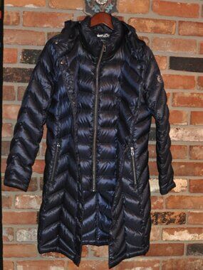 Calvin Klein Packable Puffer Premium Goose Down Long Hooded Jacket Navy Blue M